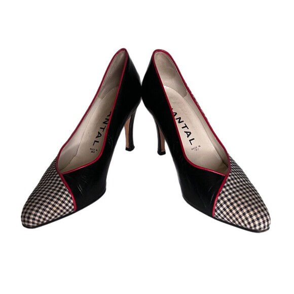 Vintage Chantal Italian Half Houndstooth Half Black Leather 3 Heels Red Trim 8.5 - Picture 2 of 10